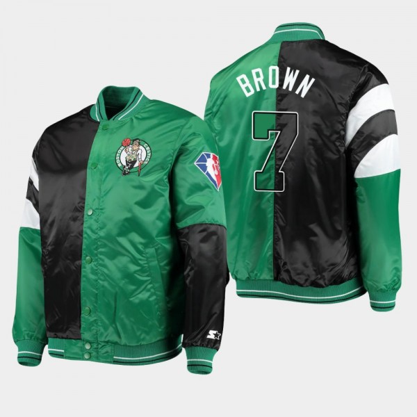 Boston Celtics Jaylen Brown Color Block Satin Black Green Jacket Full-Snap