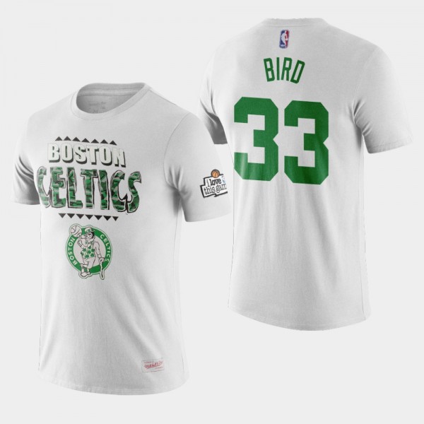 Men's Celtics #33 Larry Bird Team Kente Letter Running Out the Clock T-Shirt