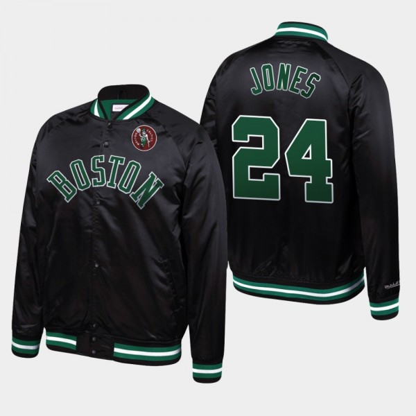 Men's Celtics #24 Sam Jones Hardwood Classics Satin Raglan Full-Snap Black Jacket